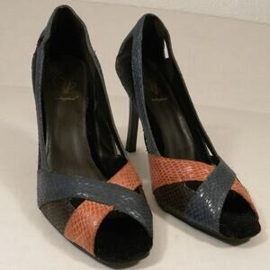 Baby Phat Black Multicolor Open Toe Pumps Women 8 B Animal PrintnLeather Heels